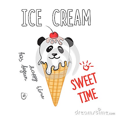 Vector illustration of ice cream in meme and comic style. Cool sticker for patch, poster, diary, laptop or smartphone. Cartoon Illustration